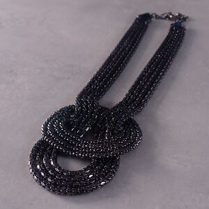 ✨ Vintage 1980s 4-Strand Woven Chain Knot Necklace, Metallic Black/Dark Grey